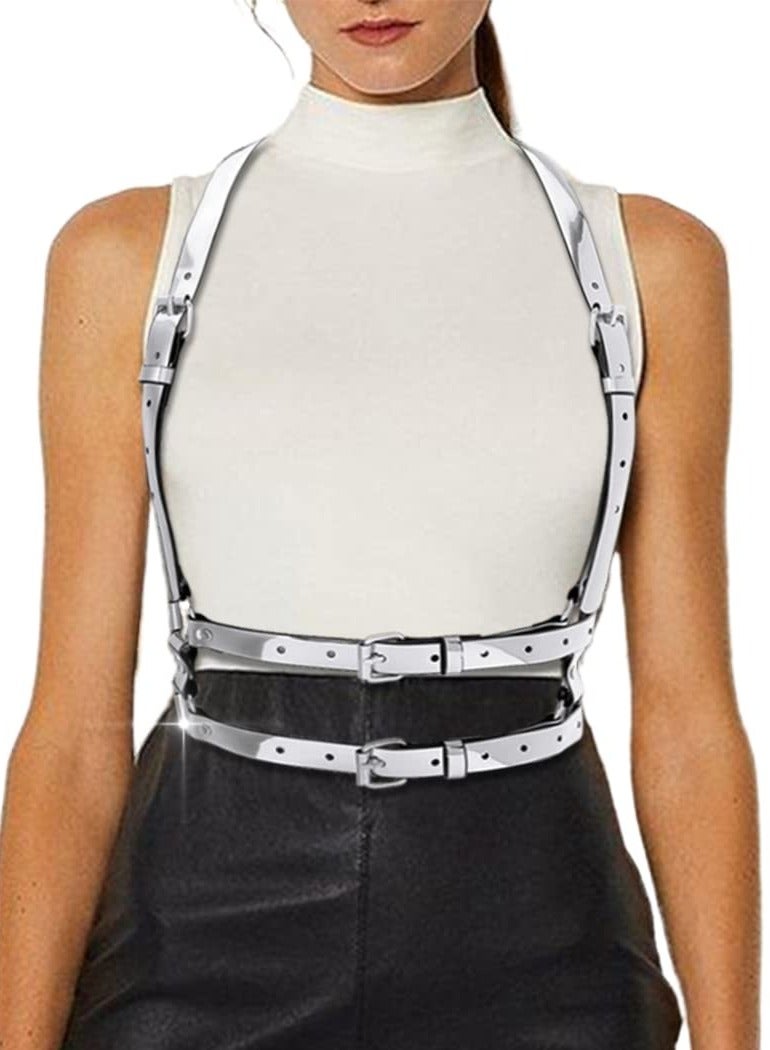 حزام خصر جلد مرآة بتصميم بانك، سلسلة جسم حزام صدر، حزام خصر PU غوت، ملابس حفلات لامعة لفتحات الرقص وإكسسوارات الجسم للنساء والفتيات - Image 1